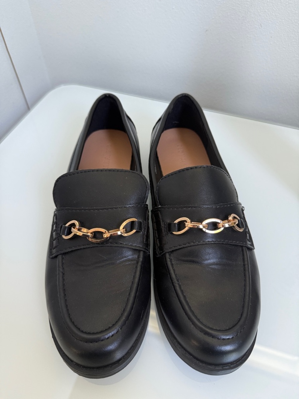 Old Navy Black Loafers with Gold Chain Detail